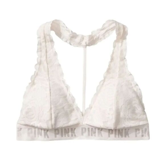 Victoria's Secret Pink Lace T-Strap Logo Bralette in Ivory Size Small - Picture 2 of 14
